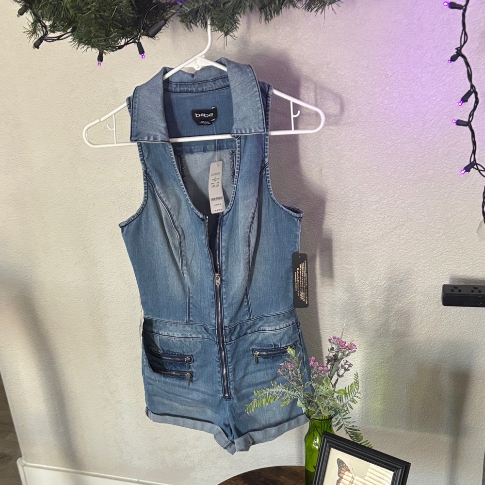 bebe Sleeveless Light Blue Denim Romper with Front Zip